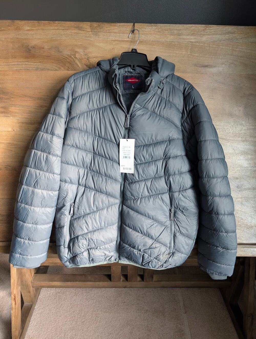 Leehanton Puffer Jacket Men L Dark Gray Fleece Lined Detachable Hooded Full Zip